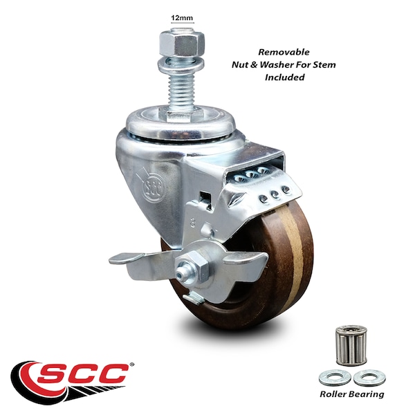 3 Inch High Temp Phenolic Wheel Swivel 12mm Threaded Stem Caster with Brake